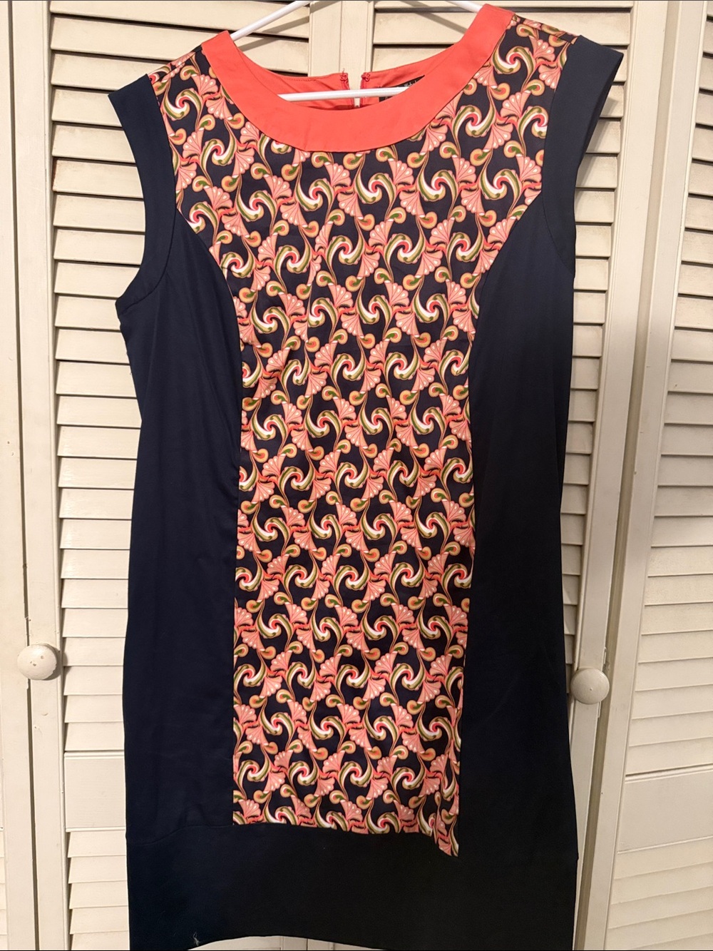 Sleeveless Navy Tunic with Coral Swirl Panel